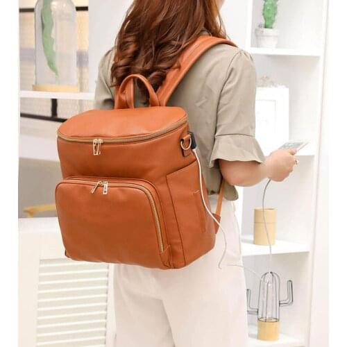 Brown Vegan Leather Diaper Bag Backpack Large Capacity Multi-functional Pockets Leather Mammy Nappy Back Bag For Baby Care