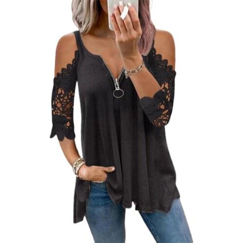 Lace Half Sleeve Women Blouse V Neck Skin-friendly Zipper Hollow Out Summer Blouse Pullover Top