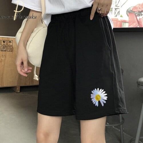Summer Women Loose Wide-leg Harajuku Casual Simple All-match Black Plus Size Flowers And Letters Shorts Embroidery Женские Штаны