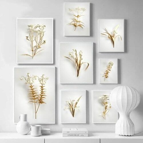 Minimalist Canvas Poster Golden Plant Flower Leaf Botanical Wall Art Painting Luxury Floral Picture Contemporary Home Decor