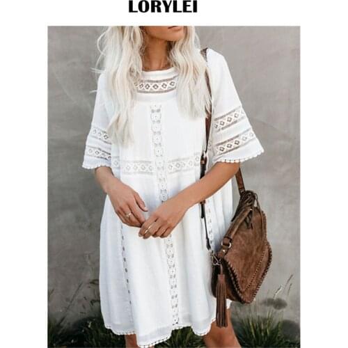 2021 Bikini Cover-ups Sexy Hollow Out O-Neck Summer Beach Dress White Cotton Tunic Women Beachwear Swimsuit Cover Up Sarong N907