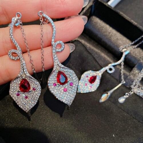 2021 Brand New S925 Silver Jewelry Sets for Women Exquisite Calla Lily Necklace Pendant Earrings Red CZ Crystal Jewelry Set