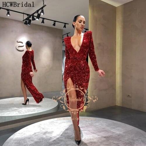 Sexy Burgundy Prom Dresses Long Sleeve High Slit Sparkly Sequin Special Occasion Dress Plus Size Arabic Evening Party Gowns