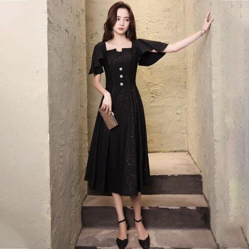 Special Occasion Dress Vintage Square Collar Short Luxury Black Pearls Crystal Sequined A-Line Satin Elegant Lady Prom Gown E959