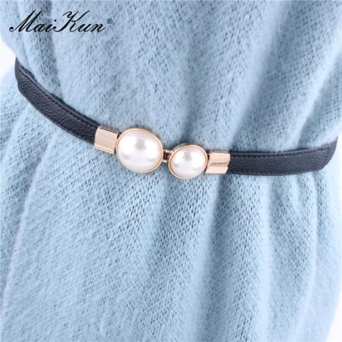 Maikun Women Dress Fashion Pearl Pair Buckle Eastic Thin Belt All-Match Elastic Faux Leather Ladies Waistband Decoration