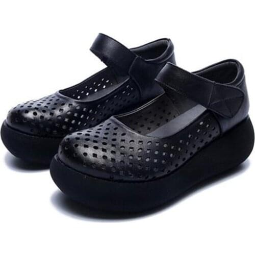 2020 New Spring Summer Classic Retro Hollow Genuine Leather Wedge Sandals Comfort Genuine Leather Shoes Womens Shoes High Heels