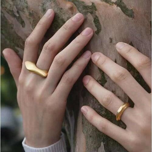 SRCOI Geometric Irregular Convex Retro Glossy Silver Color Matte Gold Metal Resizable Open Circle Ring Women Men Punk Jewelry