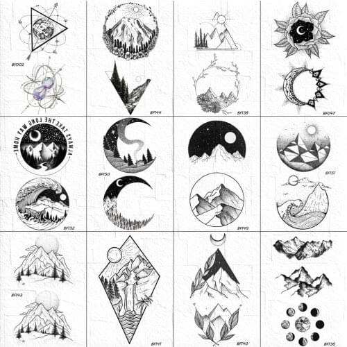 VANKIRS Women Black Round Moon Tattoos Temporary Men Ankle Arm Moon Art Tatoo Sticker Fake Geometric Waterproof Mountian Tattoos