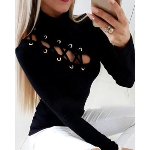 2020 Women T-Shirt Hot Spring Autumn Sexy Lace-Up Eyelet Hollow Out Turtleneck Long Sleeve Solid Color Warm Clothing
