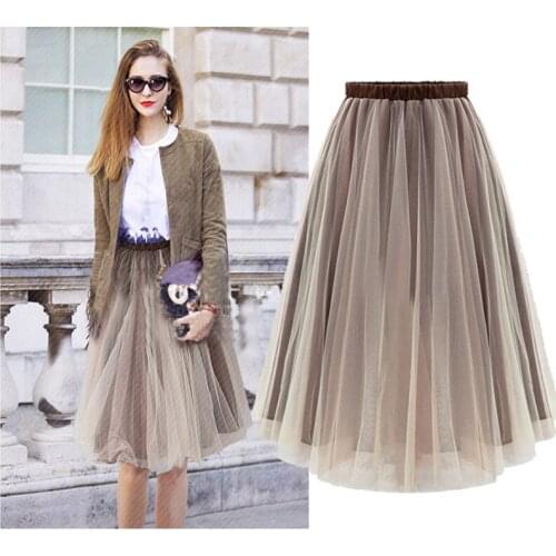 Free Shipping New 2016 Tulle Midi Skirts Women Fasion Brown Skirt Saias Femininas Formal Faldas