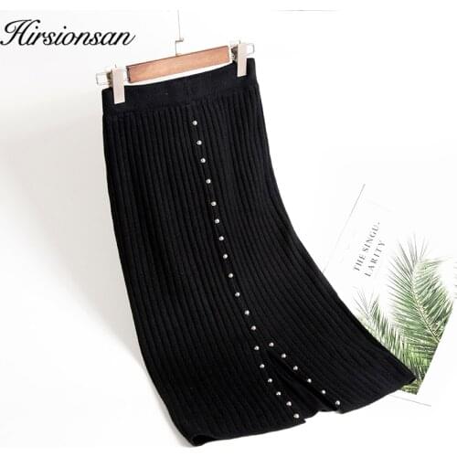 Hirsionsan Skirts Womens 2019 Autumn Winter High Waist Pencil Skirt Elegant Bodycon Skirts Buttons Black Knitted Midi Skirt