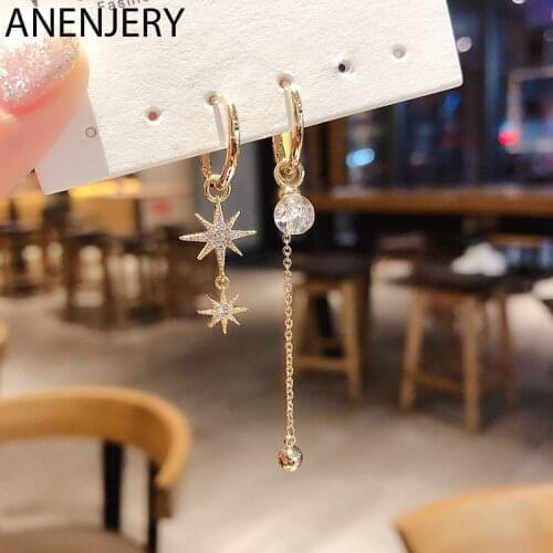 ANENJERY 925 Sterling Silver Glass Bead Tassel Mosaic Cubic Zircon Star Earrings For Women Asymmetric Hoop Earrings S-E1094