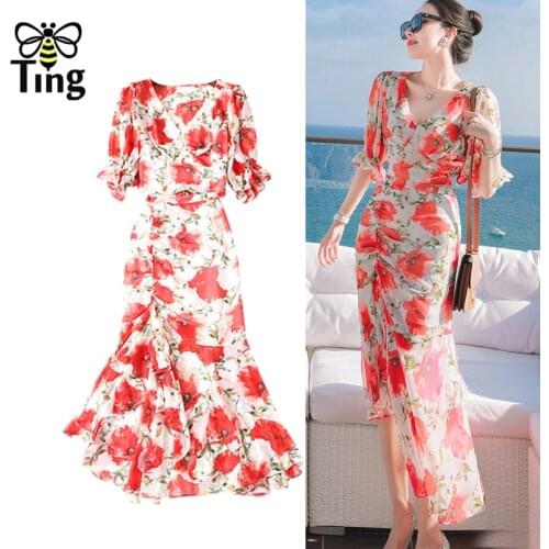 Tingfly Women Summer Fashion 2 Pcs Sets Floral Printing Trop Tops Blouse + Mermaid Ruffles Skirts Boho 2 pcs Dress Set Outfits