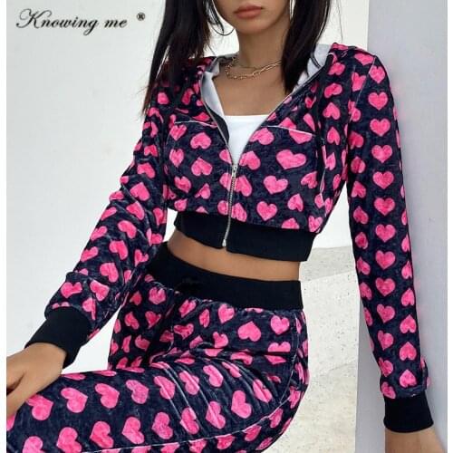Women Autumn heart Print tracksuit set Elegant Zipper Cropped coat +Long Pants set Female Winter zipper hooded Velvet Sport set