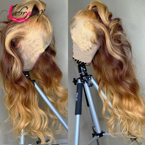 13X6 HD Transparent Lace Frontal Human Hair Wigs Highlight Honey Blonde Woman Body Wave Ombre Brown Colored Pre Plucked Full 30