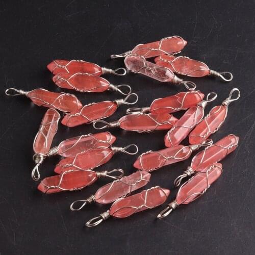 24PCS Natural stone Opal Pink Clear Crystal Aventurine Stone Hexagonal Column Pendant For Making Necklaces Fashion Jewelry