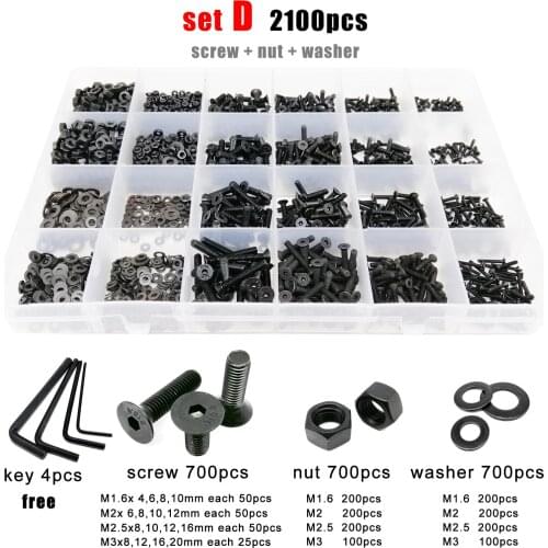 400/2100pcs M1.6 M2 M2.5 M3 M4 M5 Black Grade 10.9 Steel Hex Hexagon Socket Flat Countersunk Head Screw Bolt Nut Washer Set Kit