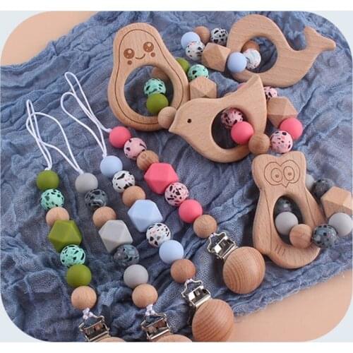 Baby Infants Pacifier Chain Beech Wooden Bracelet Teether Nipple Dummy Clip Holder BPA-Free Beads Teething Soother Molar