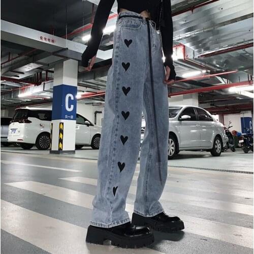 Harajuku Streetwear Love Heart High Waist Washed Straight Jeans Women Autumn Winter Full Length Boyfriend Style Denim Pants