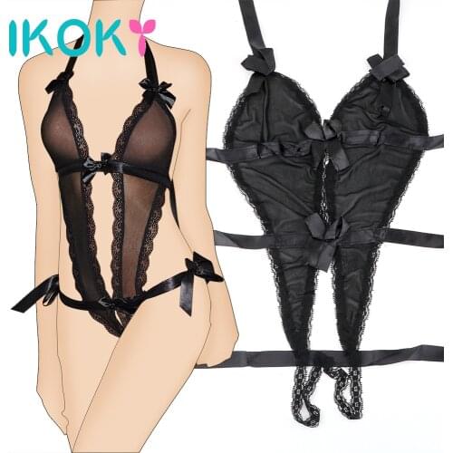 IKOKY V-Neck Onesies Open Crotch Erotic Dress Costumes Temptation Sex Toys for Women Transparent Sleepwear Lace Sexy Lingerie