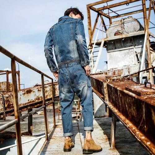 Overalls Japanese Retro Denim jacket Suit men Detachable Tooling Jumpsuit youth Slim Suspenders Men Denim suit men