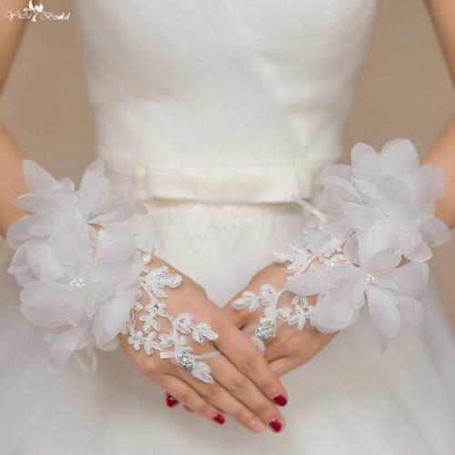 LZP072 3D Flower Ruffle Crystal Lace Wedding Gloves Luvas De Noiva