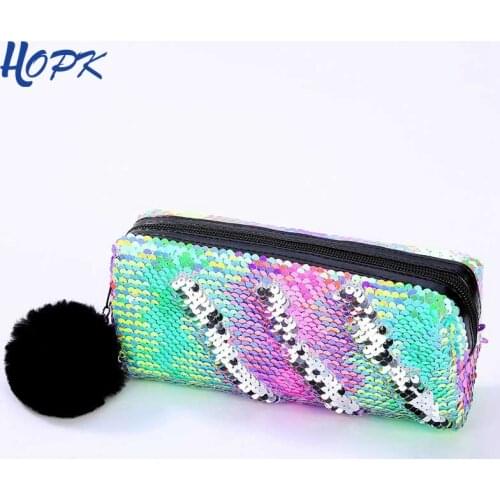 Kawaii School Pencil Case Reversible Sequin Hairball Pencil Case For Girls Cute Pencil Box Student Supplies Stationery Gift