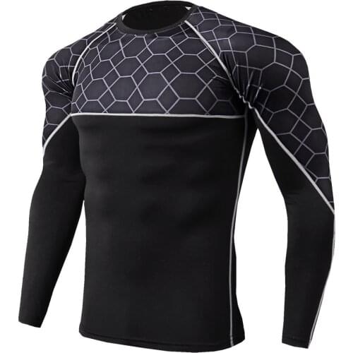 Mens fitness printing stitching long-sleeved sports running training sweat-wicking quick-drying high elastic tights Running