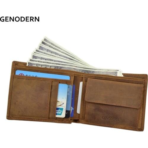 GENODERN Italian Style Crazy Horse Leather Wallet for Men Genuine Leather Wallets Coin Pocket Brown Male Purses Men Wallets