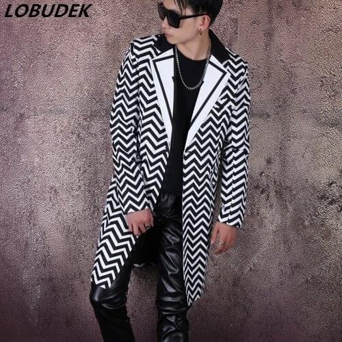Male Punk Hip-hop Singer Dancer Stage Performance Long Blazers Black White Wave Striped Long Coat Slim Outerwear Show Costume