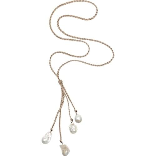 Natural Freshwater Baroque Pearl Necklace Cluster Pendant FoLisaUnique Woven Silk Cord Beige Black Colors Classic Trend 30 Inch