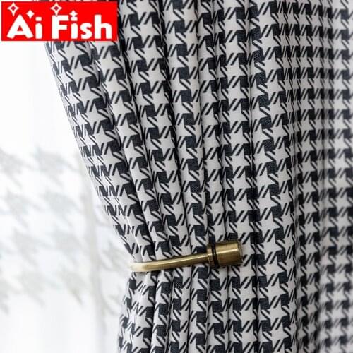 Nordic Luxury Black White Plaid Houndstooth Bedroom Curtain Chenille Printed Cotton Linen Blackout Curtains For Living Room #4