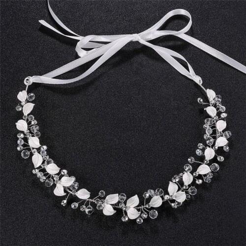 OKILY New Handmade Crystal Wedding Hairband Hair Hoop Leaf Ornament Bridal Headband with Ribbon Accessories for Girl