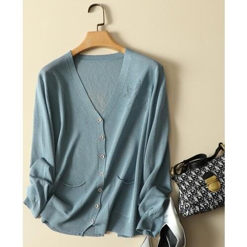 Solid Hollow Out Knitted Women Sweater Cardigan Autumn New 2021 V-Neck Loose Long-Sleeved Casual All Match Female Outwear Coats