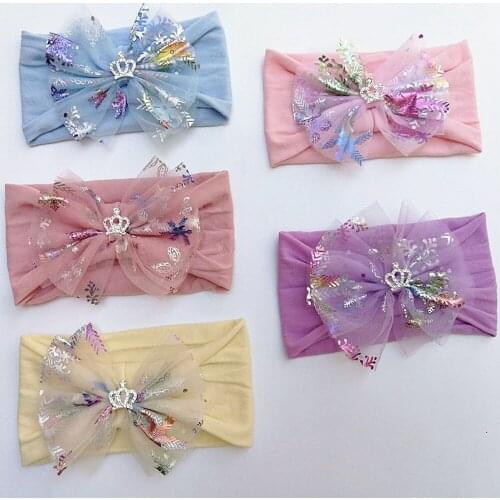 Infant Soft Comfortable Elastic Nylon Hairband Shining Crown Print Bowknot Headband Children Headwear Birthday Gifts Photo Props