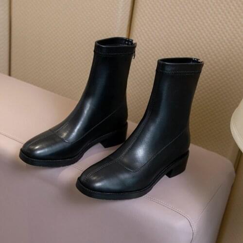 QZYERAI Chelsea Short Boots Women Genuine Cow Leather flat bottom British style Thick heel Ankle boots Women Shoes