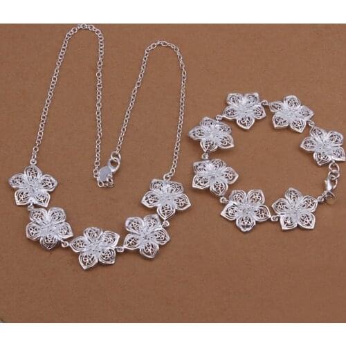Wedding jewelry female charm hollow flower pendant necklace bracelets fashion women Silver color jewelry Set , S452