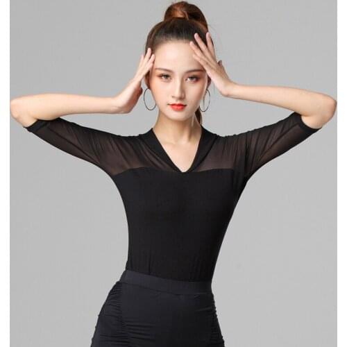 Summer New Style Women Latin Dance Tops V-Neck Mesh Stitching Practice Wear Half Sleeve Tango ChaCha Performance Wear YS2202