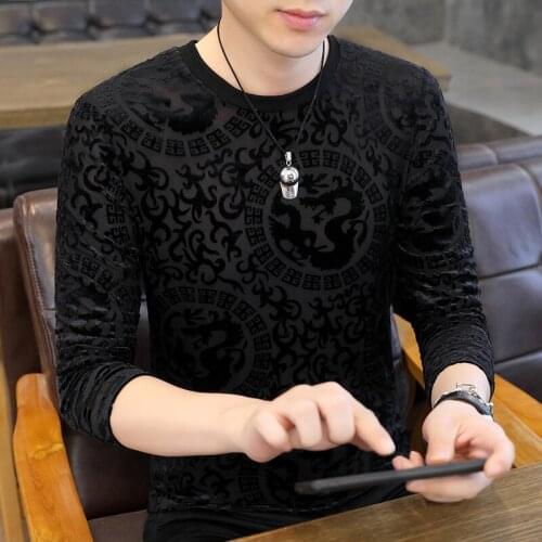 Stretch Velvet T Shirts For Mens Velour Wide T-shirts See Through 2021 Autumn Fashionable Man Clothes Elastic Tops Winter Tee