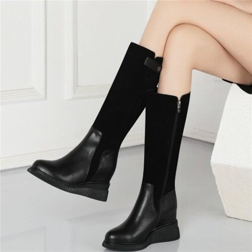 Thigh High Oxfords Women Genuine Leather High Heel Mid Calf Motorcyle Boots Female High Top Round Toe Wedges Fashion Sneakers