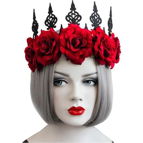 Lady Queen Head Wreath Vintage Gothic Black Crown Red Roses Tiara Headband Halloween Party Masquerade Cosplay Au02 21