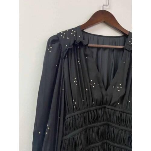 Ladies Deep V Neckline Vintage Style Midi Dress With Applique Detail - Women/Female Long Sleeve Long Dress With Pleated Detail