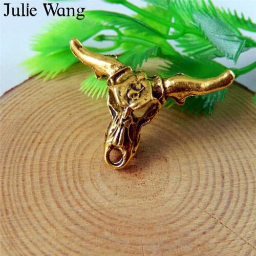 Julie Wang 5PCS Skull Bull Head Alloy Antique Gold Charms Jewelry Making Pendants Necklace Finding Accessory Handmade crafts