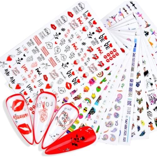 1pcs Valentines Day Nail Stickers Cute Cartoon Decorations For Nails Letter Lip Print Adhesive Decals Anime Tatto For Manicure