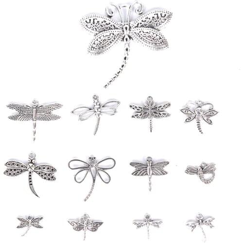 13Pcs/Set Mixed Tibetan Silver Dragonfly Charms Pendants DIY Jewelry Findings