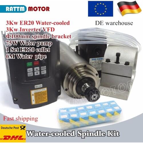 3KW ER20 CNC milling spindle kit Water cooling 220V & 3kw Inverter VFD 4HP 220V & 75V water pump & 100mm spindle clamp