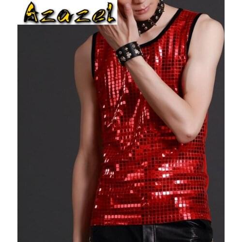 Azazel Free shipping Nightclub male singer DS slim sequined red vest costume Bar Fashion Stitching Men stage trend Vests