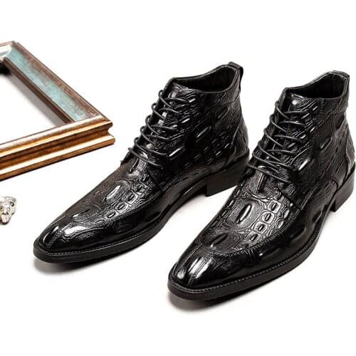 Hot Chic Mens British Crocodile Pattern Pointy Toe Lace Up Oxford Business Genuine Leather Ankle Boots Shoes Wingtip New 2021