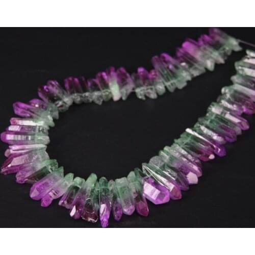 15.5"/strand Purple&Green Gradient Color Titanium Raw Crystal Quartz Top Drilled Point Beads,Cut Crystal Stick Pendants Jewelry