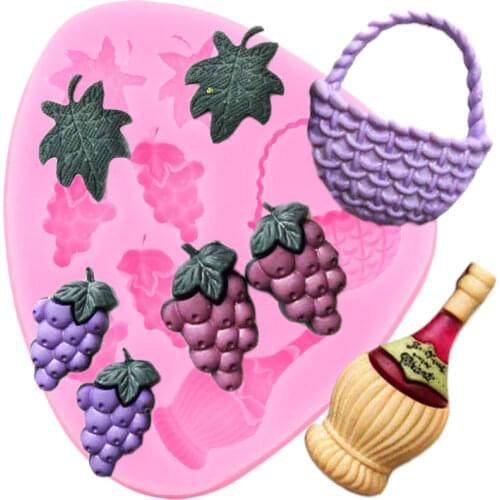 Grape Wine Bottle Basket Silicone Mold Leaves Cupcake Topper Fondant Cake Decorating Tools Candy Clay Chocolate Gumpaste Moulds